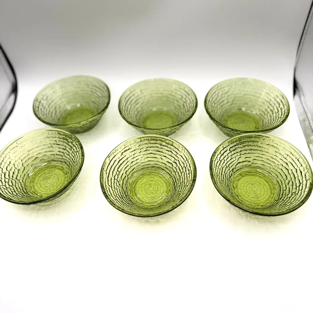 Anchor Hocking Soreno Avocado Green Glass Fruit Dessert Bowls Set of 6 Vintage